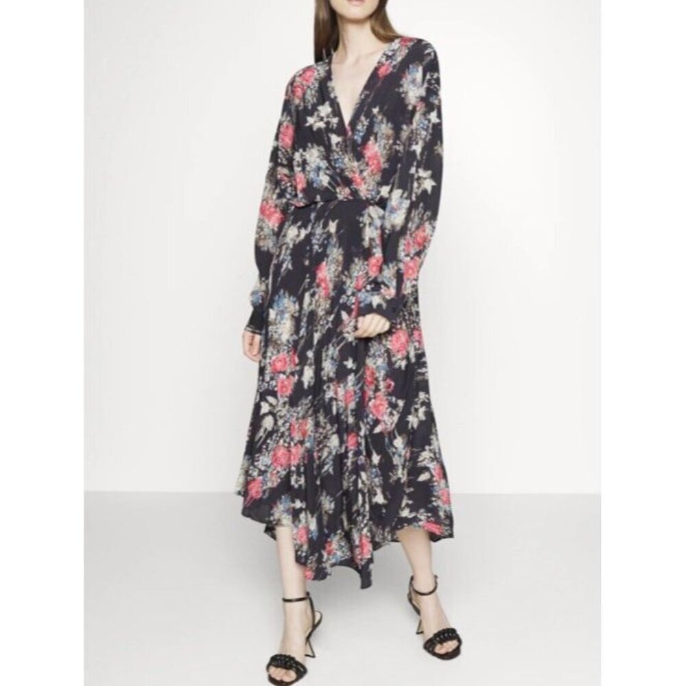 IRO Sz 42 FR/ US 10 Dress Floral V-Neck Maxi Midi Preppy Luxury Classic Designer